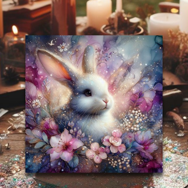 Cartes Pour Fêtes Annuelles Aquarelle rose violet Fleurs lapin Religieux (Créateur téléchargé)