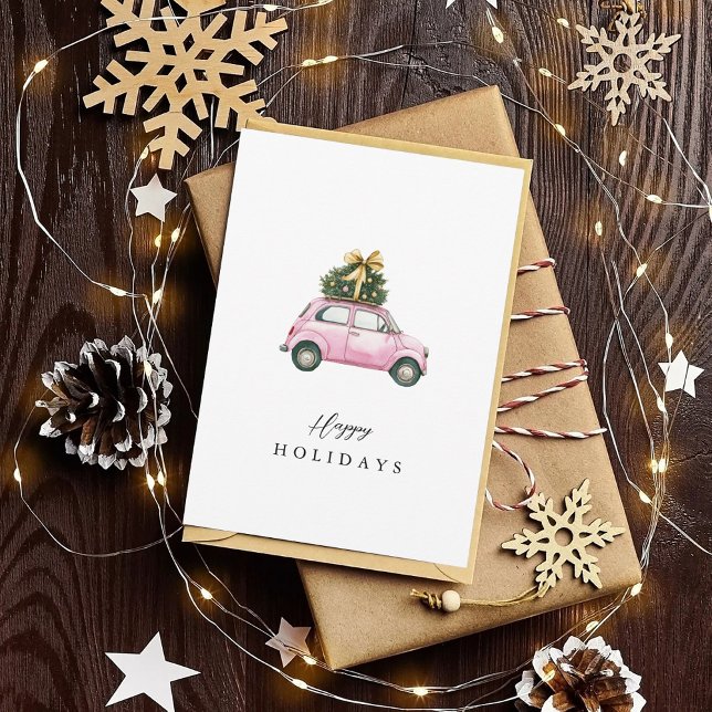 Cartes Pour Fêtes Annuelles Aquarelle rose Voiture Arbre de Noël Joyeux Vacanc (Créateur téléchargé)