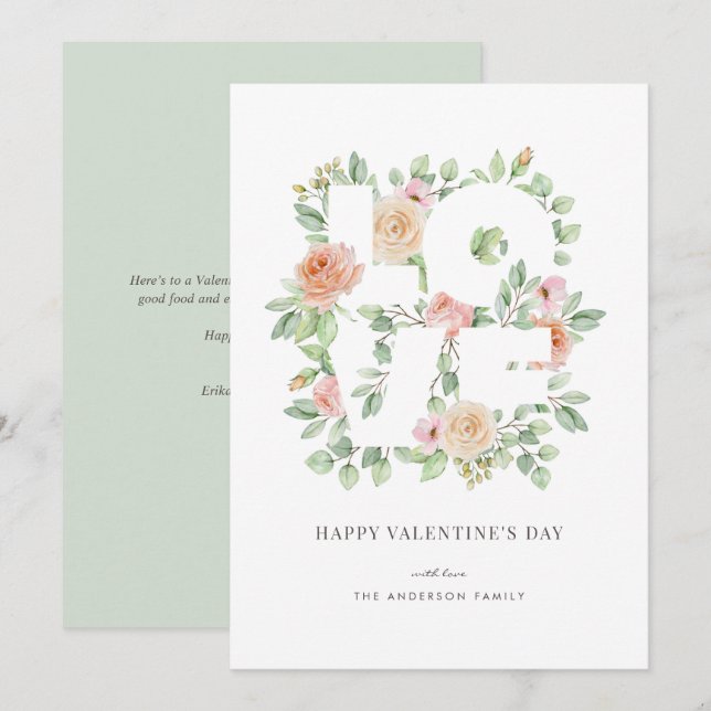 Cartes Pour Fêtes Annuelles Aquarelle Roses et verdure Aimer Saint Valentin (Devant / Derrière)