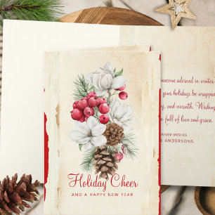 Cartes Pour Fêtes Annuelles Aquarelle Rouge Blanc Floral Pine Cônes Noël