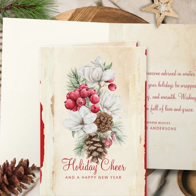 Cartes Pour Fêtes Annuelles Aquarelle Rouge Blanc Floral Pine Cônes Noël (Créateur téléchargé)