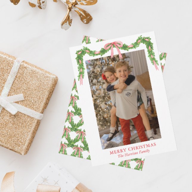 Cartes Pour Fêtes Annuelles Aquarelle Rouge Bow Garland Noël (Créateur téléchargé)