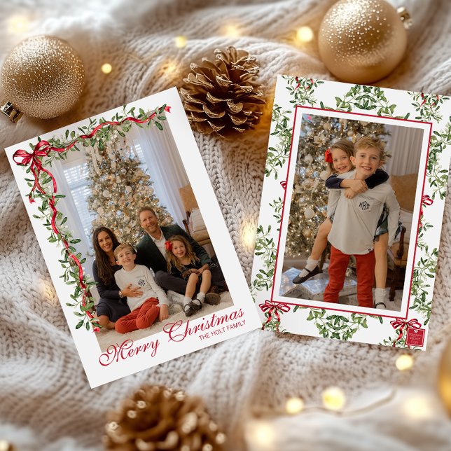 Cartes Pour Fêtes Annuelles Aquarelle Rouge Bow Mistletoe Garland Photo (Créateur téléchargé)