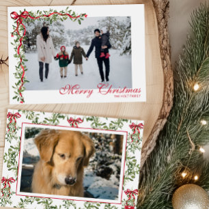 Cartes Pour Fêtes Annuelles Aquarelle Rouge Bow Mistletoe Garland Photo