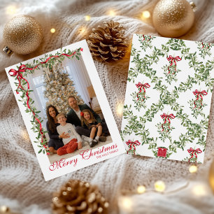 Cartes Pour Fêtes Annuelles Aquarelle Rouge Bow Mistletoe Garland Photo