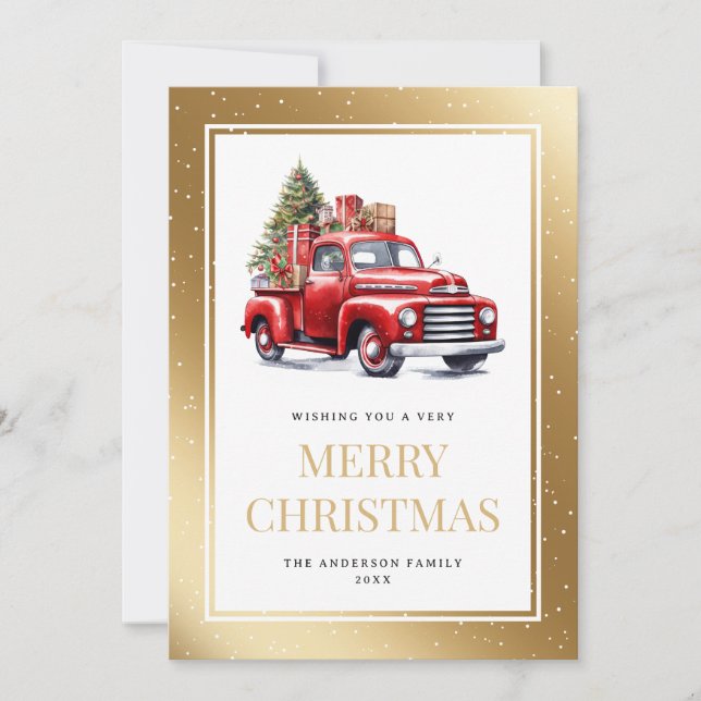 Cartes Pour Fêtes Annuelles Aquarelle Rouge Camion Or neige Noël (Devant)