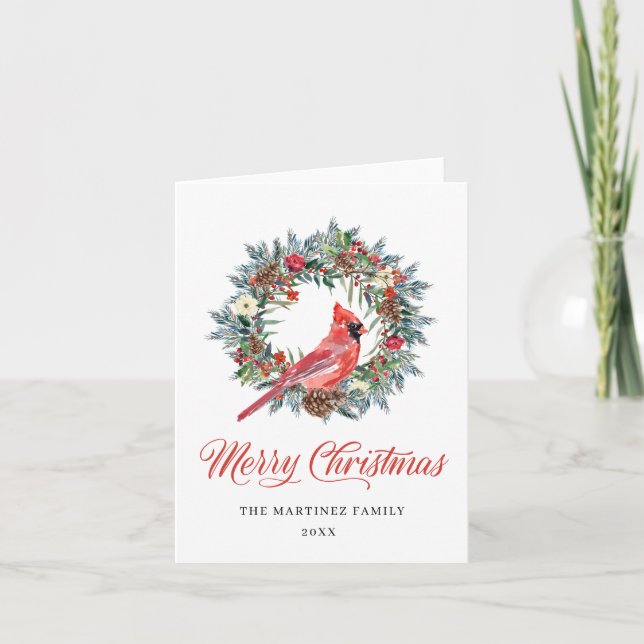 Cartes Pour Fêtes Annuelles Aquarelle Rouge Cardinal Pine Wreath Noël (Devant)