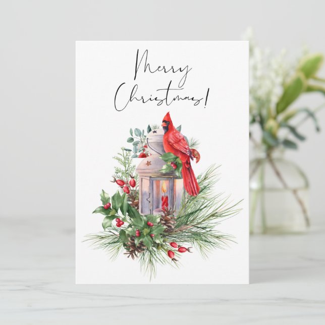 Cartes Pour Fêtes Annuelles Aquarelle rouge cardinale Oiseau Noël d'hiver (Debout devant)