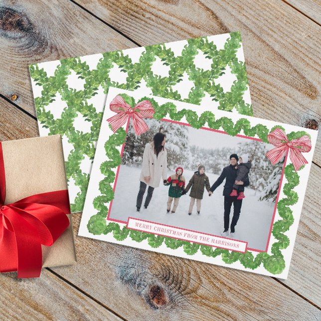 Cartes Pour Fêtes Annuelles Aquarelle Rouge et Blanc Bow Garland Photo (Créateur téléchargé)