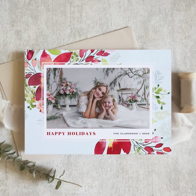 Cartes Pour Fêtes Annuelles Aquarelle rouge Fleurs de Noël Photo Happy (Customizable photo holiday card featuring watercolor red red poinsettia and greenery)