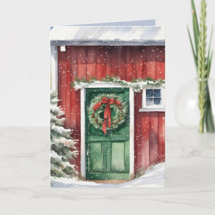 Cartes Pour Fêtes Annuelles Aquarelle Rouge Grange Avec Porte Verte