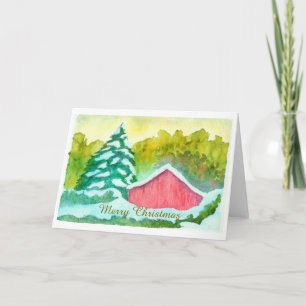 Cartes Pour Fêtes Annuelles Aquarelle Rouge Grange Neige hiver Joyeux Noël