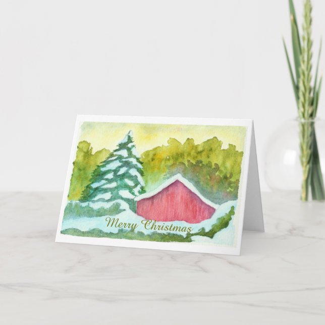 Cartes Pour Fêtes Annuelles Aquarelle Rouge Grange Neige hiver Joyeux Noël (Devant)