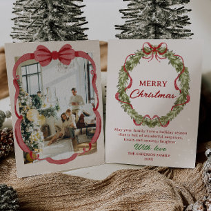 Cartes Pour Fêtes Annuelles Aquarelle Rouge Green Bow Wire Photo Noël