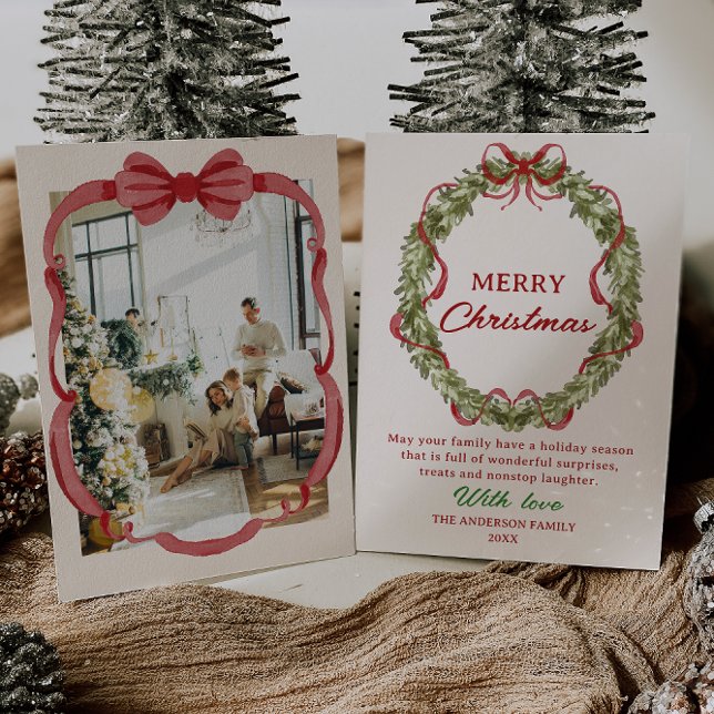 Cartes Pour Fêtes Annuelles Aquarelle Rouge Green Bow Wire Photo Noël (Créateur téléchargé)