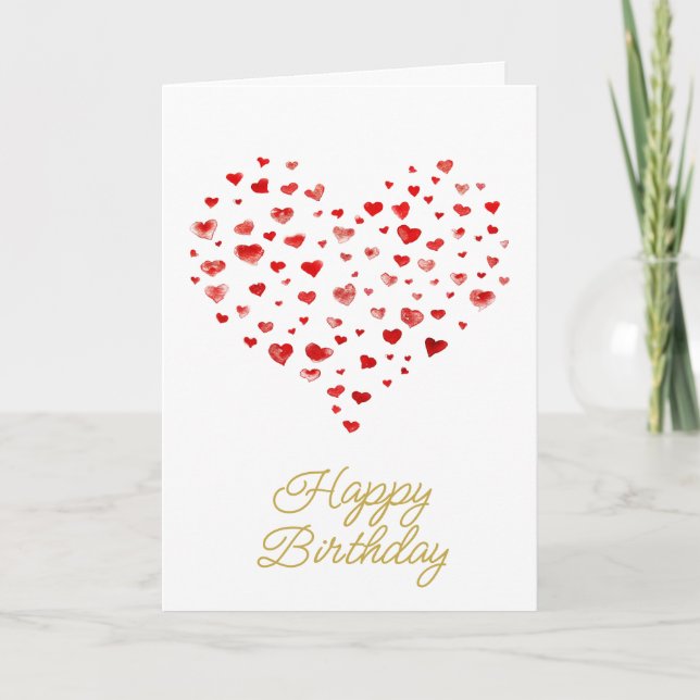 Cartes Pour Fêtes Annuelles Aquarelle Rouge mignonne Coeurs Joyeux Anniversair (Devant)