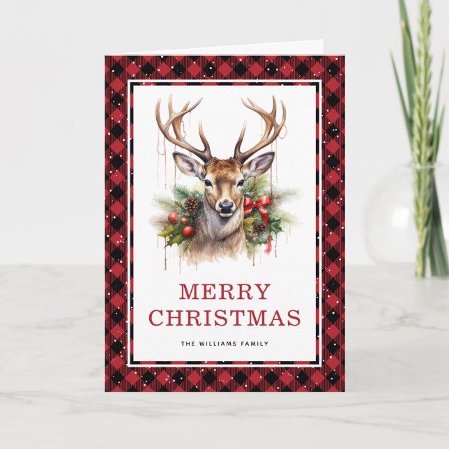Cartes Pour Fêtes Annuelles Aquarelle rouge Plaid Cerf Joyeux Noël Photo (Devant)