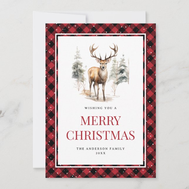 Cartes Pour Fêtes Annuelles Aquarelle rouge Plaid Cerf neige Joyeux Noël (Devant)