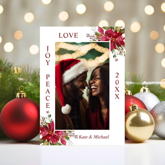 Cartes Pour Fêtes Annuelles Aquarelle Rouge Poinsettia JOIR PAIX AMOUR | PHOTO (Watercolor Red Poinsettia JOY PEACE LOVE  PHOTO Holiday Card)