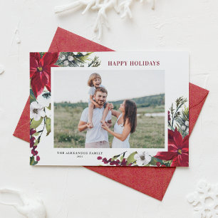 Cartes Pour Fêtes Annuelles Aquarelle Rouge Poinsettias et Fir Feuille Photo