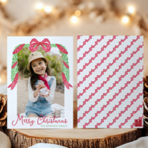 Cartes Pour Fêtes Annuelles Aquarelle Rouge Polka Dot Bow Swap Photo de Noël