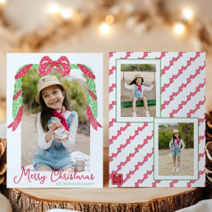 Cartes Pour Fêtes Annuelles Aquarelle Rouge Polka Dot Bow Swap Photo de Noël