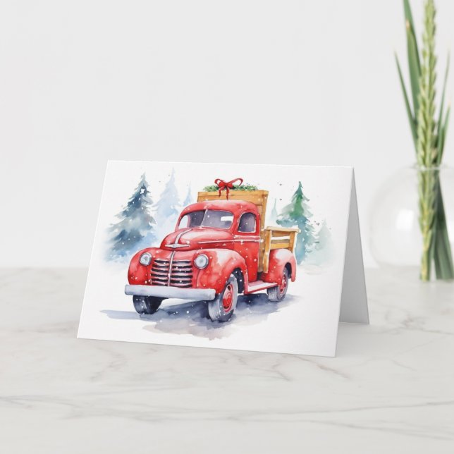 Cartes Pour Fêtes Annuelles Aquarelle Rouge Rétro Chariot de Noël (Devant)