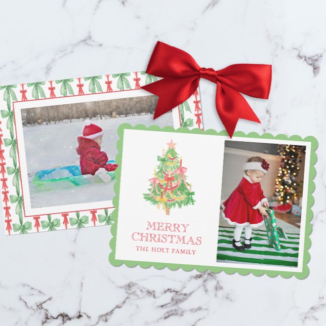 Cartes Pour Fêtes Annuelles Aquarelle Rouge Vert Bois Coquette Photo de Noël (Créateur téléchargé)