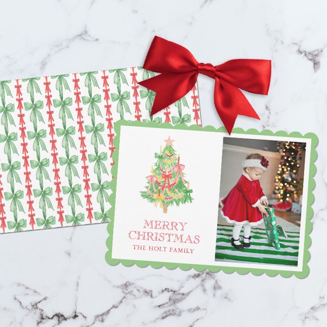 Cartes Pour Fêtes Annuelles Aquarelle Rouge Vert Bois Coquette Photo de Noël (Créateur téléchargé)