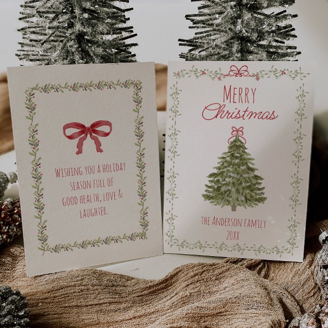 Cartes Pour Fêtes Annuelles Aquarelle rouge vert Noël Bow Tree non-photo (Créateur téléchargé)