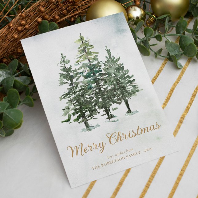 Cartes Pour Fêtes Annuelles Aquarelle rustique Forêt de pins d'hiver Noël (Créateur téléchargé)
