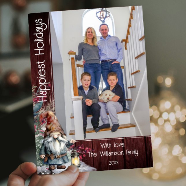 Cartes Pour Fêtes Annuelles Aquarelle rustique Gnome de Noël - Photo rouge (Red Rustic Watercolor Christmas Gnome Photo Holiday Card)