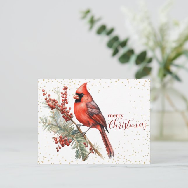 Cartes Pour Fêtes Annuelles Aquarelle rustique Hiver Cardinal Holly Branche (Debout devant)