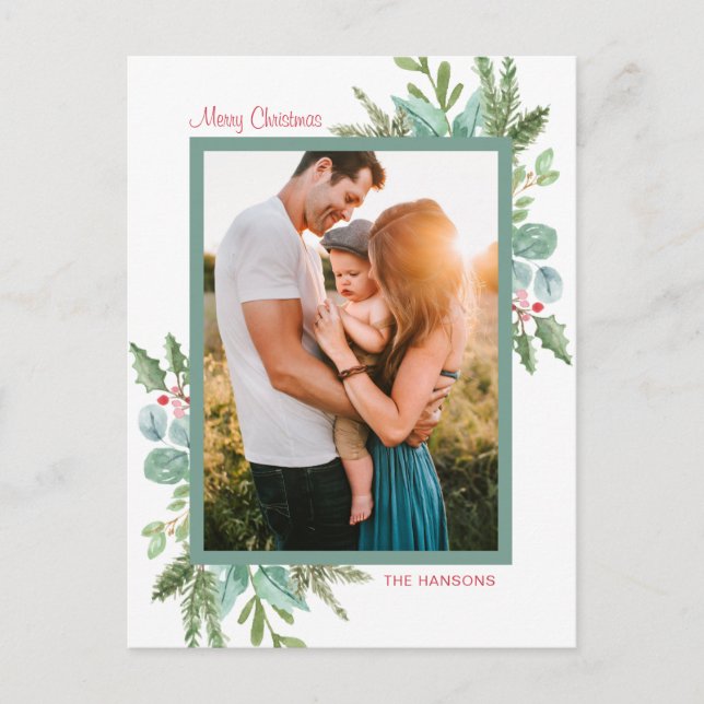 Cartes Pour Fêtes Annuelles Aquarelle rustique Verdure Photo Joyeux Noël (Devant)