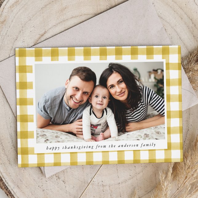 Cartes Pour Fêtes Annuelles Aquarelle rustique Yellow Plaid Photo Thanksgiving (Créateur téléchargé)
