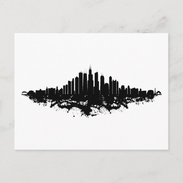 Cartes Pour Fêtes Annuelles Aquarelle Skyline de Chicago noir et blanc (Devant)