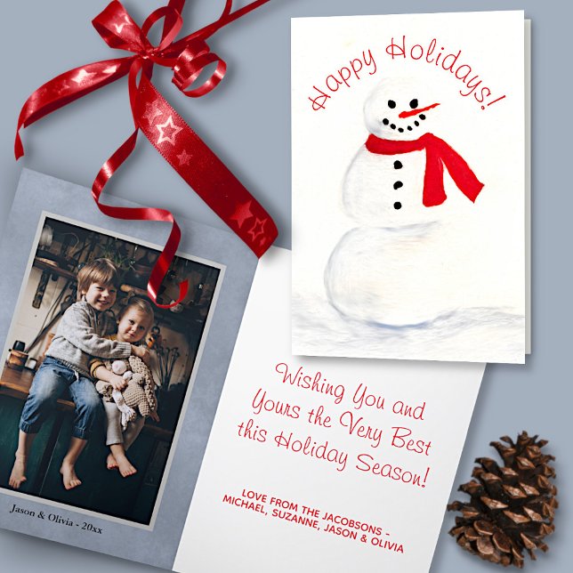 Cartes Pour Fêtes Annuelles Aquarelle Snowman mignonne Joyeux Vacances Photo (In Situ with Decorartions)