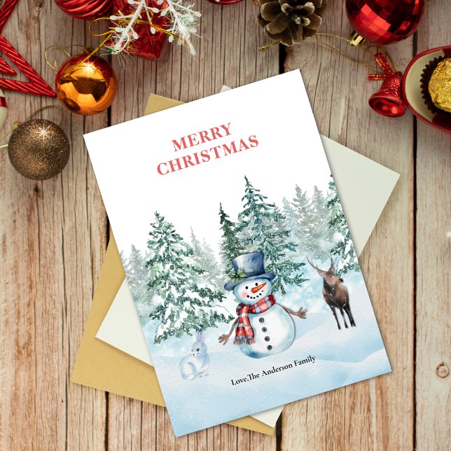 Cartes Pour Fêtes Annuelles Aquarelle Snowman Rabbit et Reinder Noël (Créateur téléchargé)