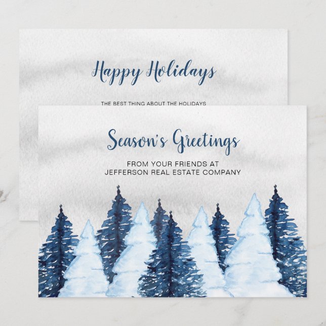 Cartes Pour Fêtes Annuelles Aquarelle Snowy Pine Trees Forêt Hiver Entreprise (Devant / Derrière)