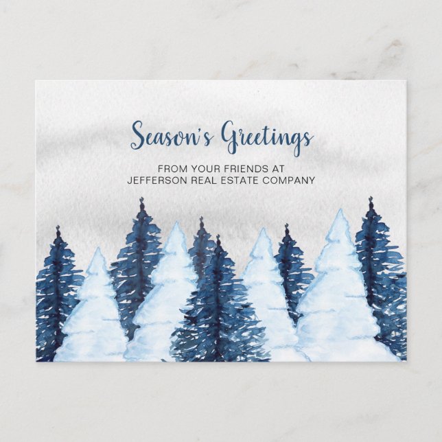 Cartes Pour Fêtes Annuelles Aquarelle Snowy Pine Trees Forêt Hiver Entreprise (Devant)