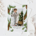 Cartes Pour Fêtes Annuelles Aquarelle Snowy Pinecones Happy Holidays Photo<br><div class="desc">Envoyez des voeux de vacances à votre famille et à vos amis avec cette adorable carte de vacances photo. Il présente des illustrations d'aquarelle de pinecones enneigés et d'aiguilles de pin. Les textes sont entièrement modifiables. Personnalisez en ajoutant des noms, des messages, des photos et d'autres détails. Cette carte de...</div>