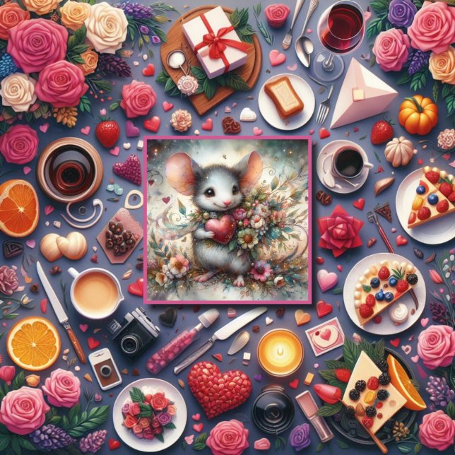 Cartes Pour Fêtes Annuelles Aquarelle Souris Bouquet de fleurs Coeur Saint-Val (Créateur téléchargé)