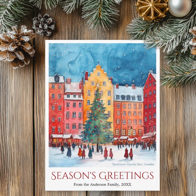 Cartes Pour Fêtes Annuelles Aquarelle Stockholm Gamla Stan Christmas Travel (Watercolor Stockholm Gamla Stan Christmas Travel Holiday Postcard)