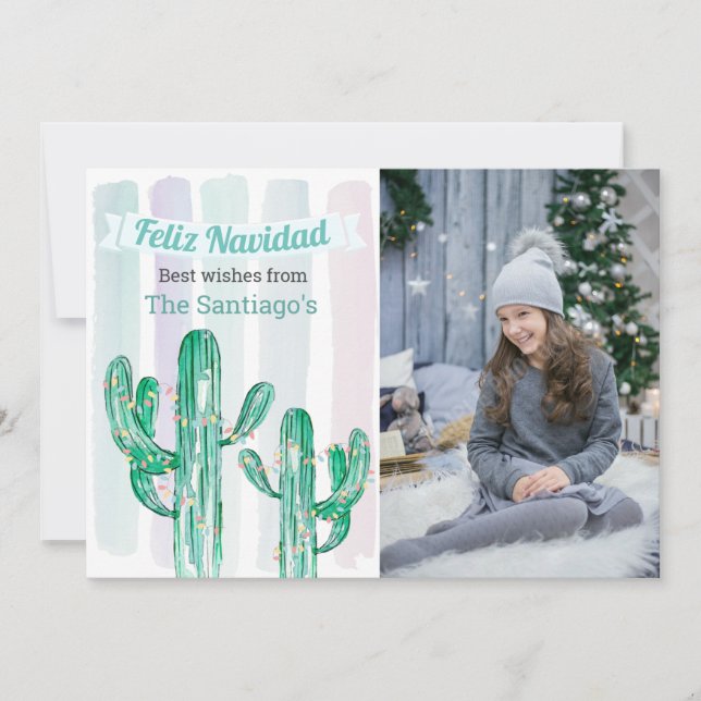 Cartes Pour Fêtes Annuelles Aquarelle Stripes Cactus Feliz Navidad Christmas (Devant)