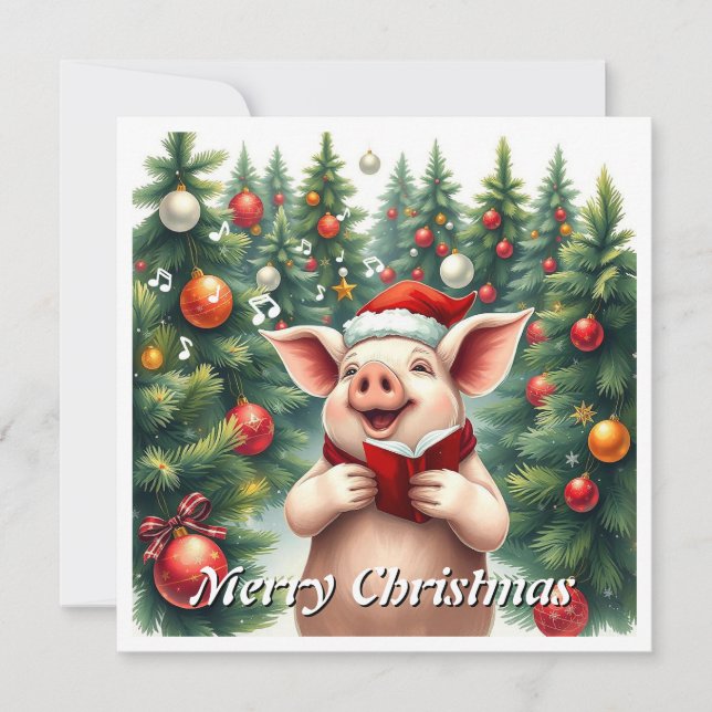 Cartes Pour Fêtes Annuelles Aquarelle tendance porc hiver pins chorale  (Devant)