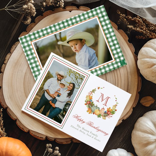 Cartes Pour Fêtes Annuelles Aquarelle Thankgiving Monogram Wreath Photo (Créateur téléchargé)