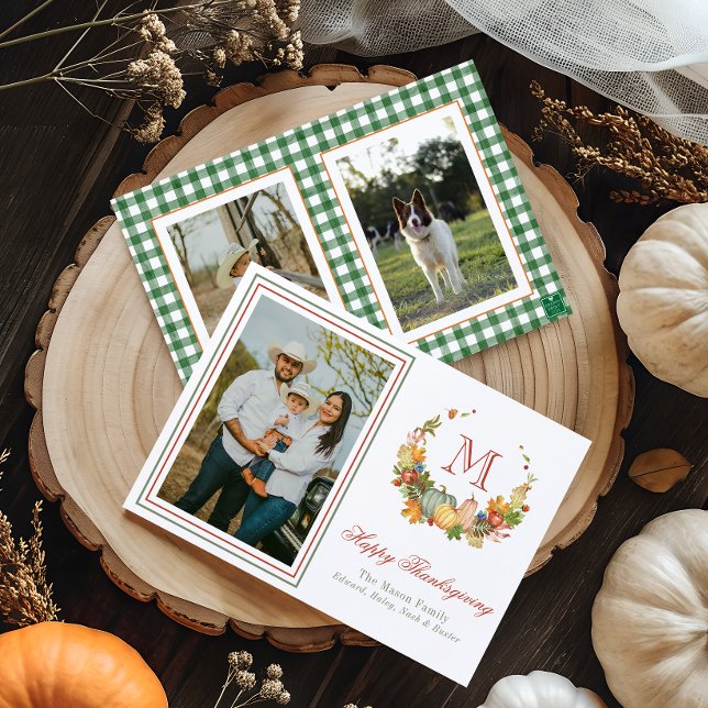 Cartes Pour Fêtes Annuelles Aquarelle Thankgiving Monogram Wreath Photo (Créateur téléchargé)