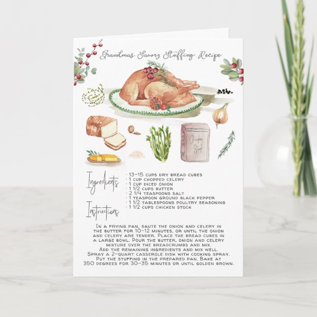 Cartes Pour Fêtes Annuelles Aquarelle Turquie farce Recette | Thanksgiving (Devant)