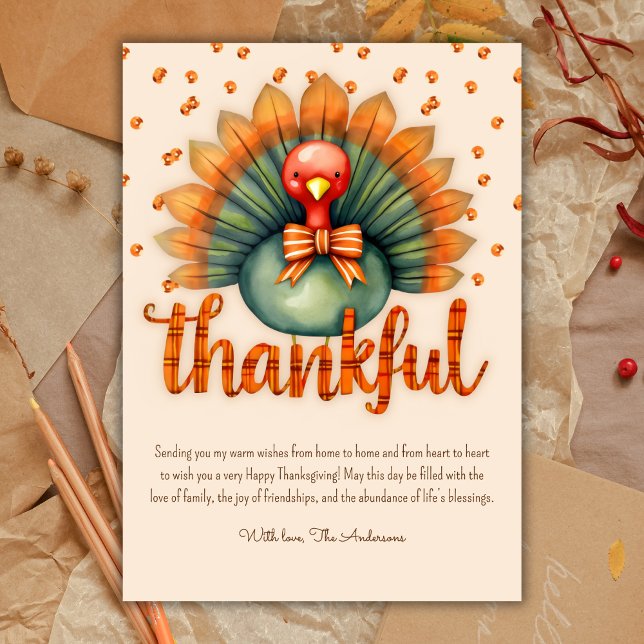 Cartes Pour Fêtes Annuelles Aquarelle Turquie Jouée Thanksgiving Grâces (Watercolor Turkey Plaid Thankful Thanksgiving Holiday Card)