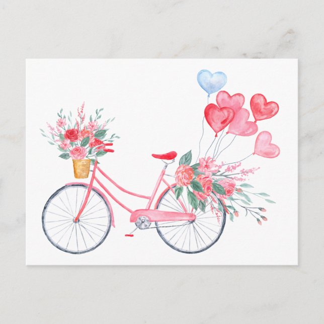 Cartes Pour Fêtes Annuelles Aquarelle valentine Vélo rose et Ballons coeur (Devant)